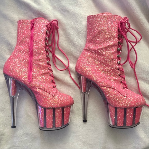 Pleaser Adore Pink Glitter Platform Ankle Boots Size 9 Gently Used - Picture 2 of 3